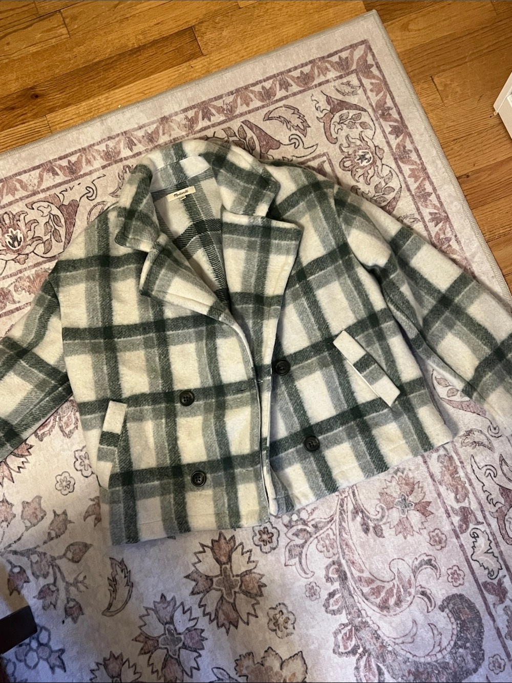 Madewell Green and White Plaid Cropped Pea Coat